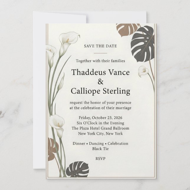 Invitation Mariage moderne au lys calla et feuille de monster (Devant)