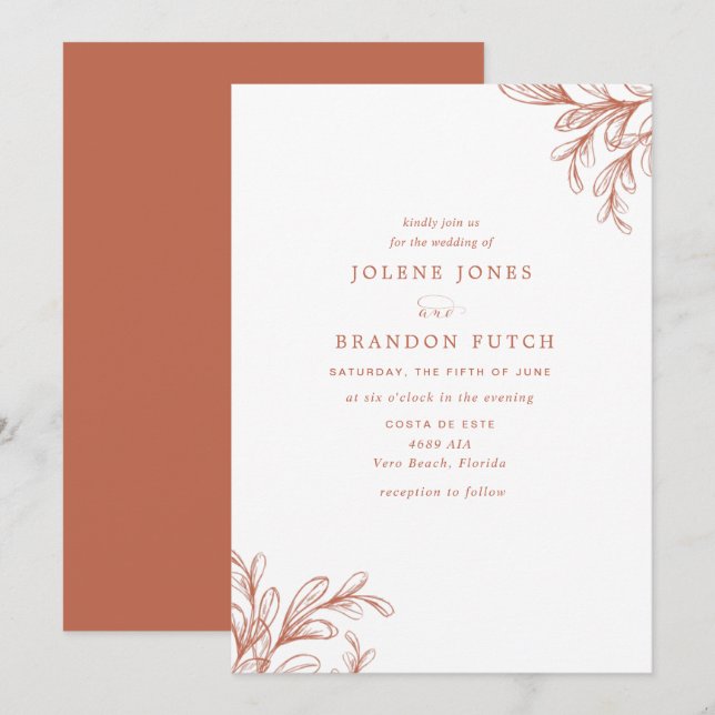 Invitation Mariage Moderne Automnal en Orange Brûlée (Devant / Derrière)