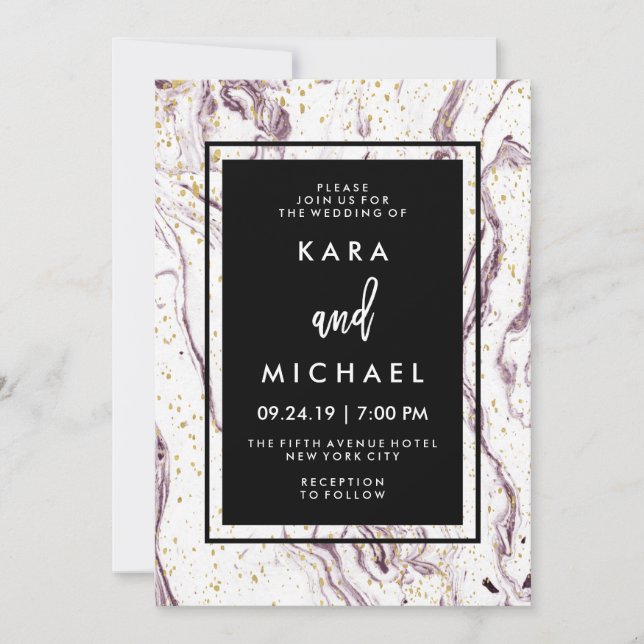 Invitation Mariage Moderne aux Éclats de Marbre Violet et Fau (Devant)
