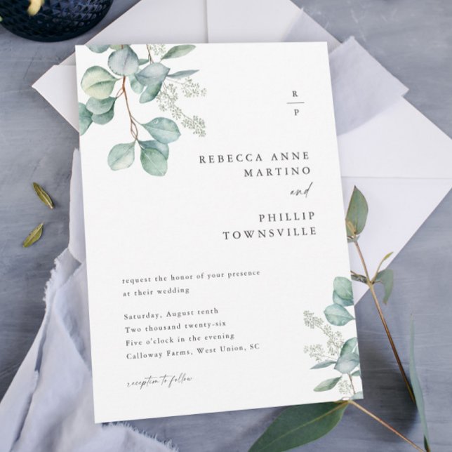 Invitation Mariage Moderne aux Feuilles de Eucalyptus (A modern watercolor eucalyptus wedding invitation with couples monogram and hand-painted greenery.)