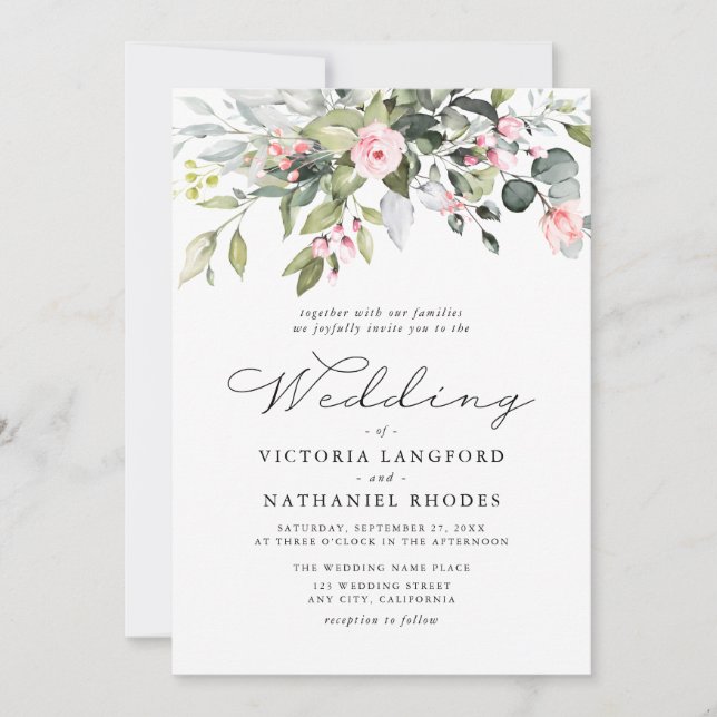 Invitation Mariage Moderne aux Feuilles de Eucalyptus Floral  (Devant)