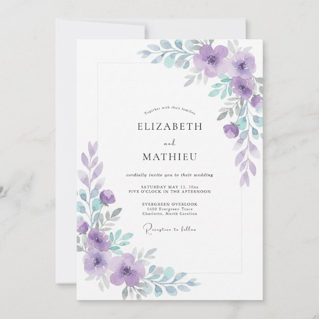 Invitation Mariage Moderne aux Feuilles de Violette Pervenche (Devant)