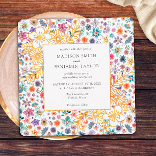 Invitation Mariage Moderne aux Fleurs de Saisons en Or Blanc