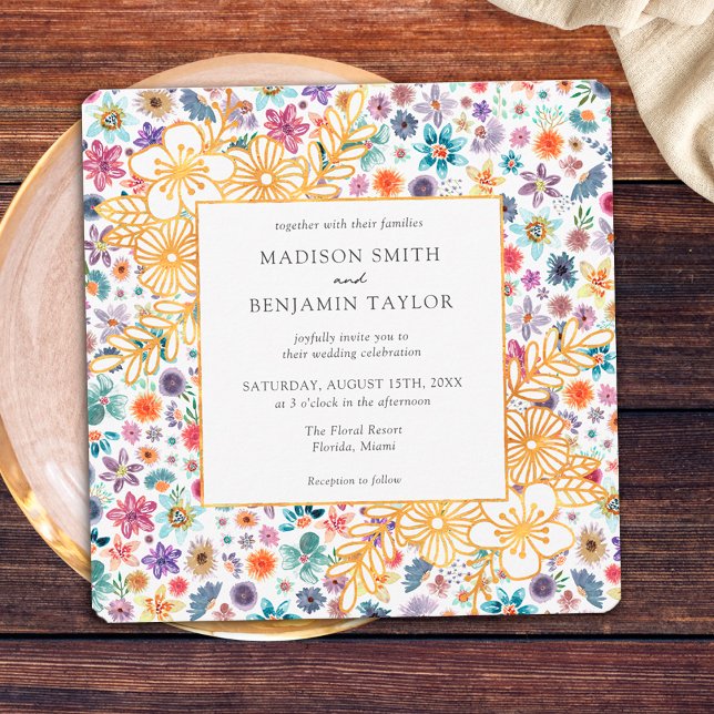 Invitation Mariage Moderne aux Fleurs de Saisons en Or Blanc (Front)