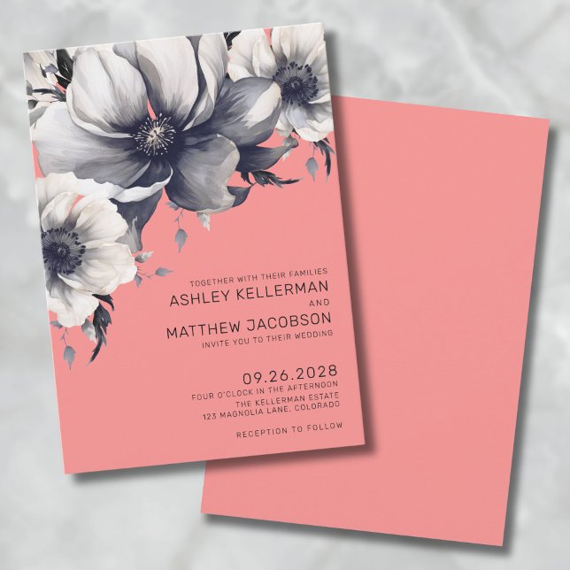 Invitation Mariage Moderne aux Fleurs Roses Corail (Modern Coral Pink Floral Wedding Invitation )