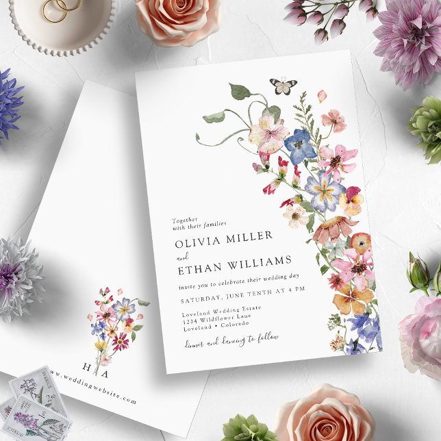 Invitation Mariage Moderne aux Fleurs Sauvages (Elegant Monogrammed Watercolor Wildflower Wedding Invitation by Painted Paperie)
