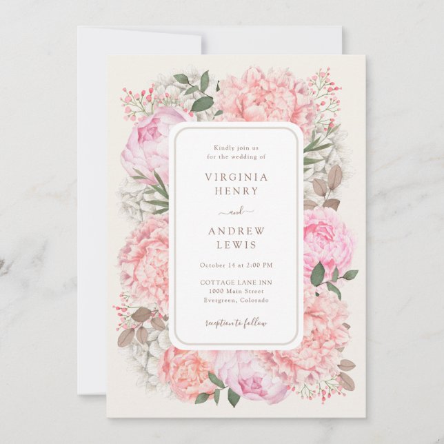 Invitation Mariage Moderne aux Pivoines de Jardin (Devant)