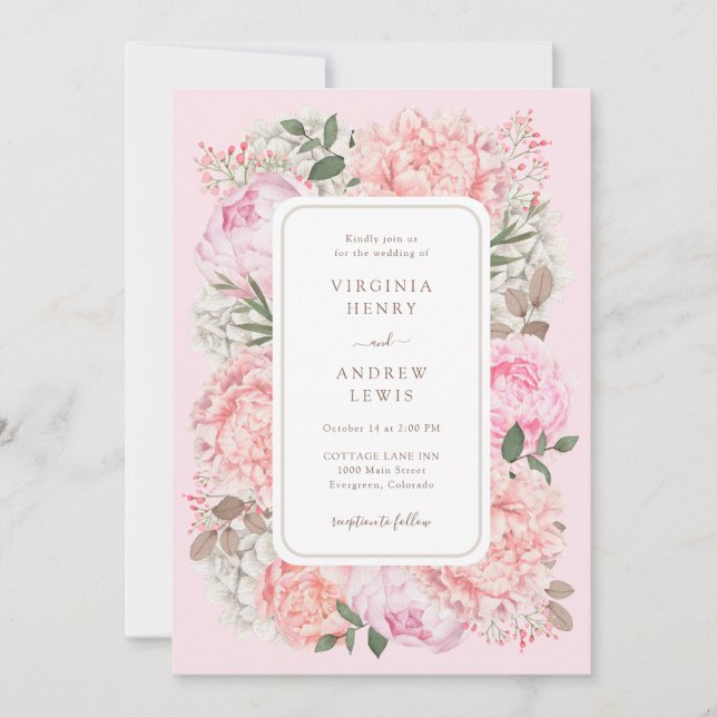 Invitation Mariage Moderne aux Pivoines Roses (Devant)