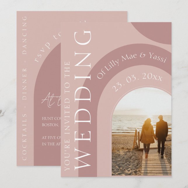 Invitation Mariage Moderne avec Arche en Rose Poussiéreuse Ph (Devant / Derrière)