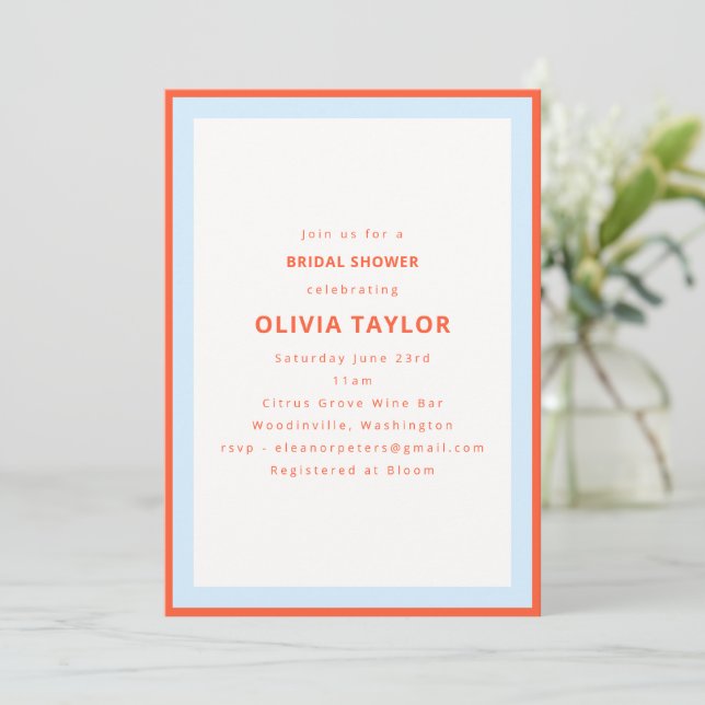 Invitation Mariage moderne avec bordure orange kaki et bleu (Debout devant)