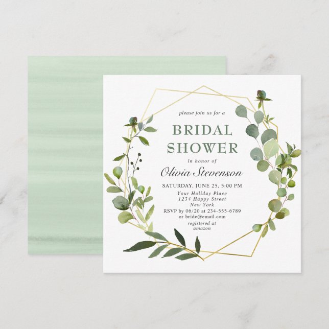 Invitation Mariage Moderne avec Cadre Géométrique Eucalyptus (Devant / Derrière)