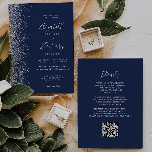 Invitation Mariage moderne avec code QR bleu marine et paille (Créateur téléchargé)