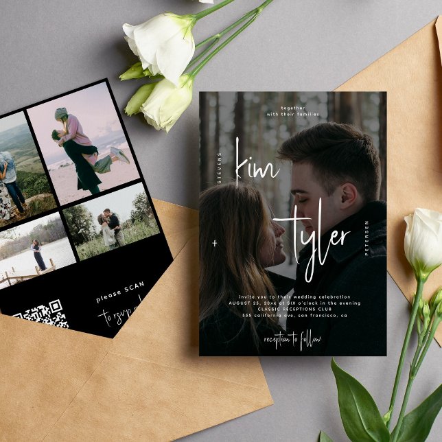 Invitation Mariage moderne avec code QR de 5 photos en collag (Créateur téléchargé)