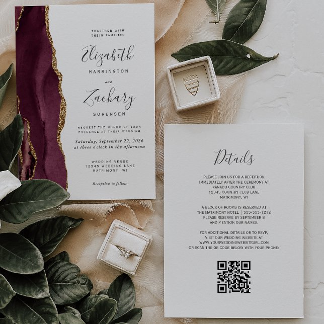 Invitation Mariage moderne avec code QR en agate dorée Bourgo (Créateur téléchargé)