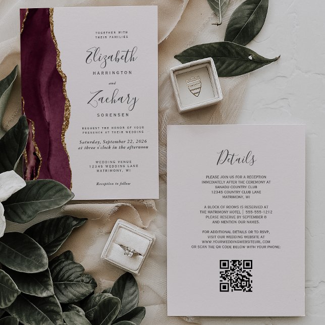 Invitation Mariage moderne avec code QR en agate dorée et ros (Créateur téléchargé)