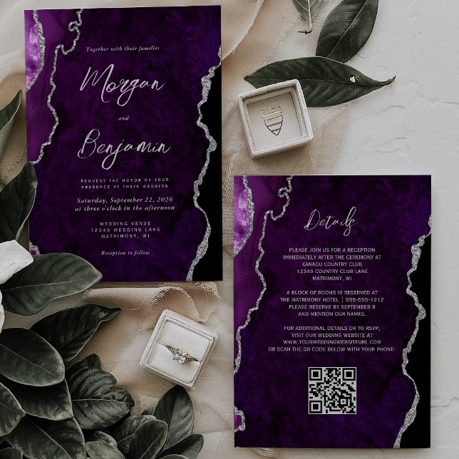 Invitation Mariage moderne avec code QR en écriture argentée  (Créateur téléchargé)
