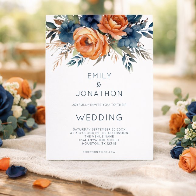 Invitation Mariage moderne avec code QR et fleurs orange brûl (Créateur téléchargé)