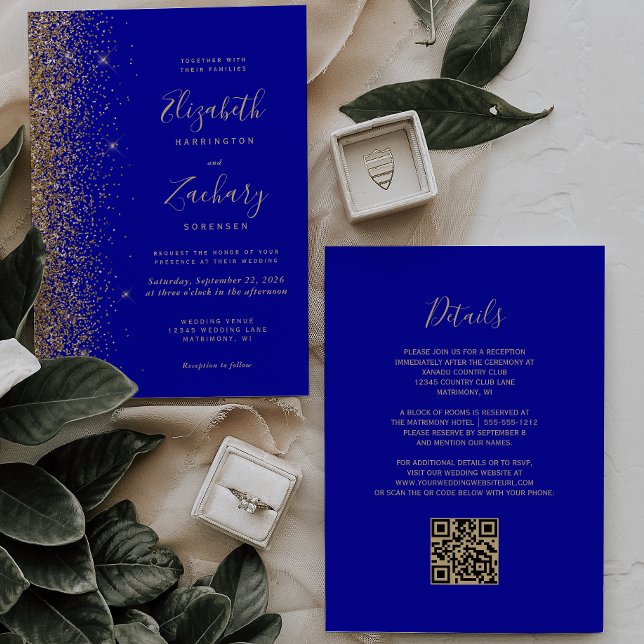 Invitation Mariage moderne avec code QR et paillettes bleu ro (Créateur téléchargé)