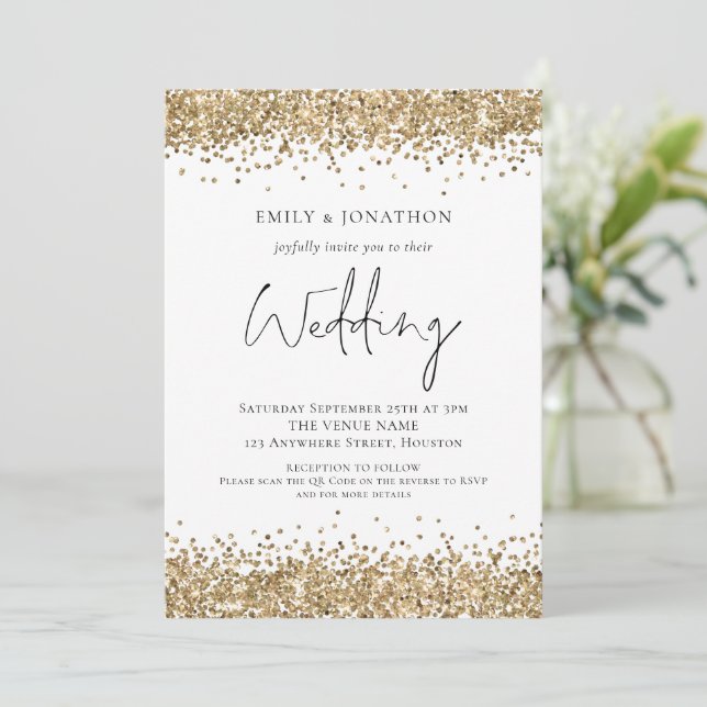 Invitation Mariage moderne avec code QR et paillettes dorées (Debout devant)