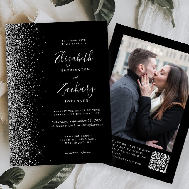 Invitation Mariage moderne avec code QR et photo argent noir  (Créateur téléchargé)