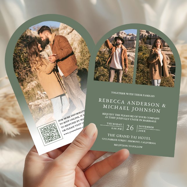 Invitation Mariage moderne avec code QR photo d'arche en vert (Créateur téléchargé)