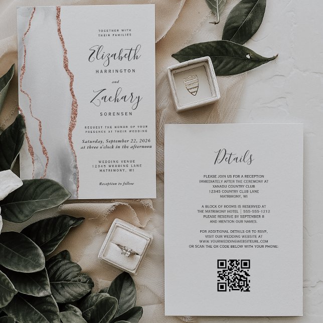 Invitation Mariage moderne avec code QR Rose Gold et Agate Gr (Créateur téléchargé)