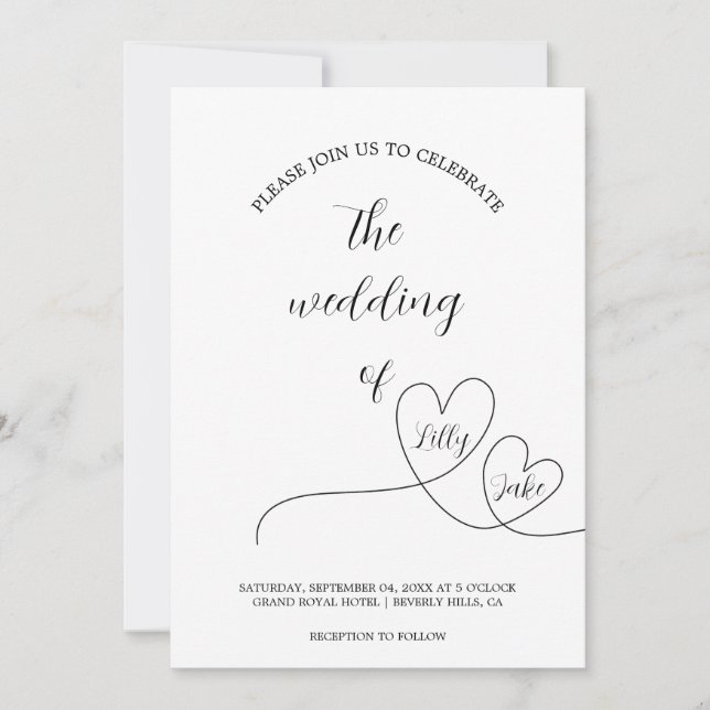 Invitation Mariage moderne avec écriture calligraphique à cœu (Devant)