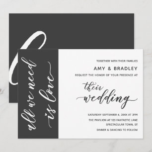 Invitation Mariage Moderne avec Écriture en Gris Foncé et Bla