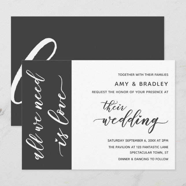 Invitation Mariage Moderne avec Écriture en Gris Foncé et Bla (Devant / Derrière)