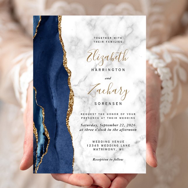 Invitation Mariage Moderne avec Marbre Agate Bleu Nuit Or (Créateur téléchargé)