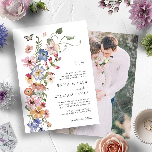Invitation Mariage Moderne avec Photo Florale (Watercolor Colorful Wildflower Monogrammed Wedding Invitation with Engagement Photo)