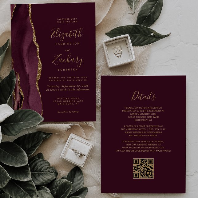 Invitation Mariage moderne avec QR Code à motif d'agate rouge (Créateur téléchargé)