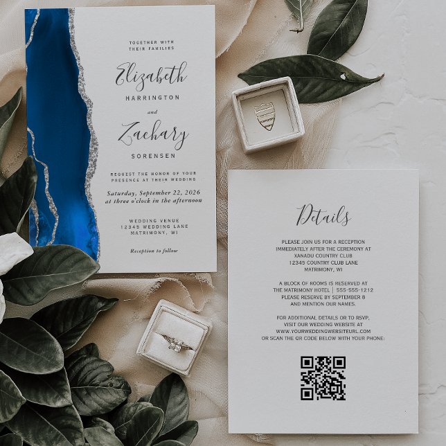 Invitation Mariage moderne avec QR Code bleu royal et argent (Créateur téléchargé)