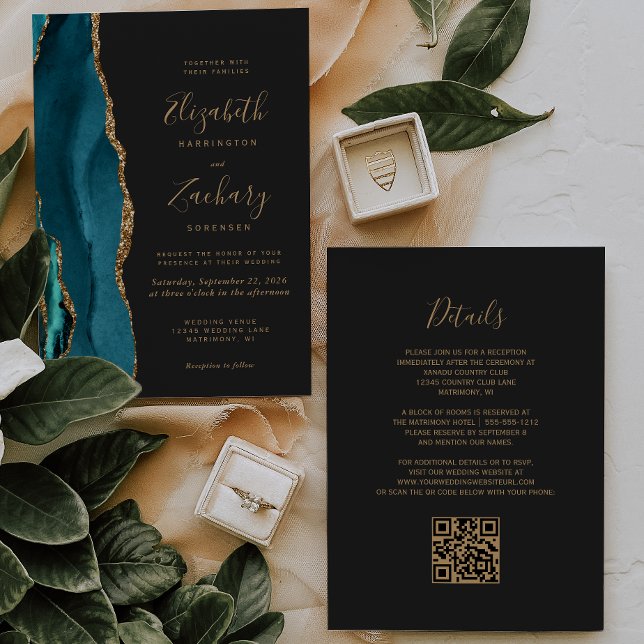 Invitation Mariage moderne avec QR code foncé agate sarcelle  (Créateur téléchargé)