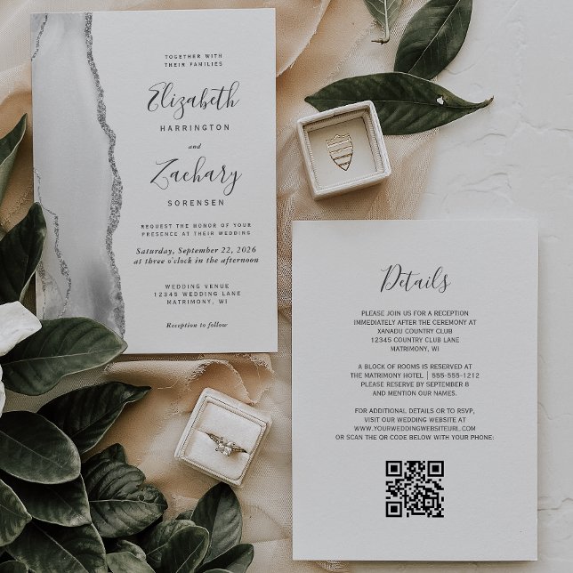 Invitation Mariage moderne avec QR Code gris blanc argent aga (Créateur téléchargé)