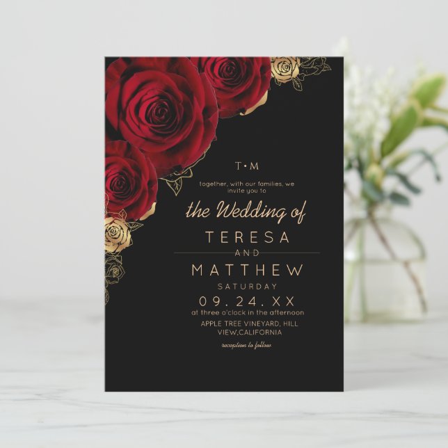 Invitation Mariage Moderne avec Roses Noires et Bourguignonne (Debout devant)