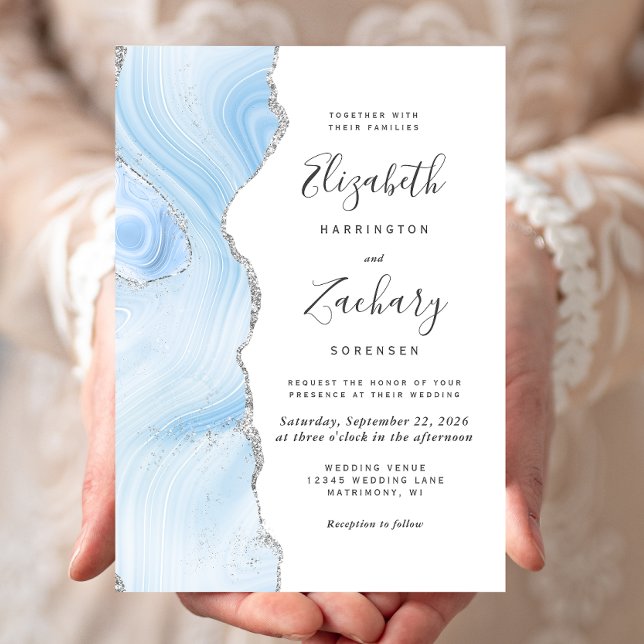Invitation Mariage Moderne Bébé Bleu Argent Agate (Créateur téléchargé)