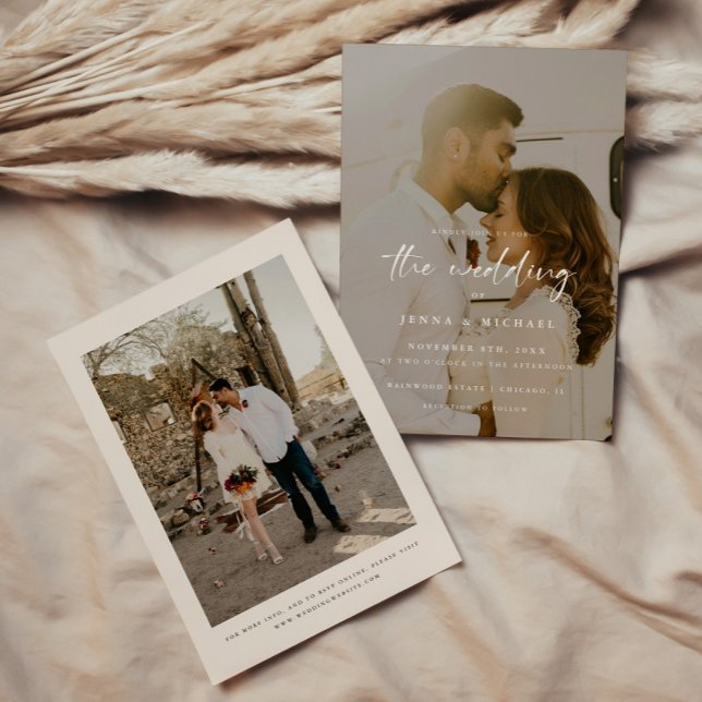 Invitation Mariage Moderne Beige Script 2-Photos (Créateur téléchargé)