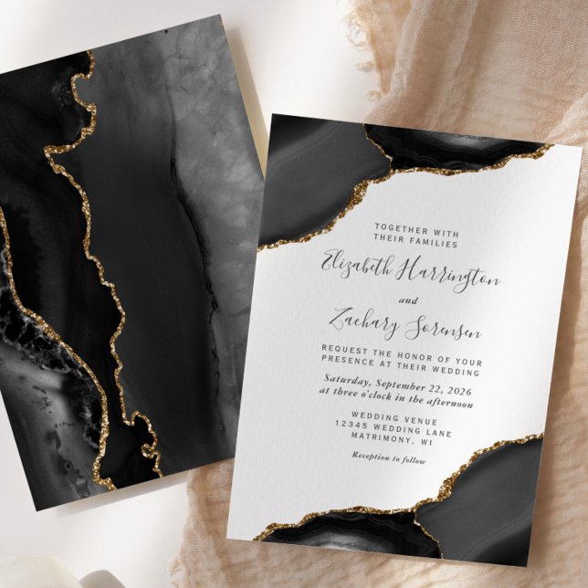 Invitation Mariage moderne Black Gold Agate Corners (Créateur téléchargé)