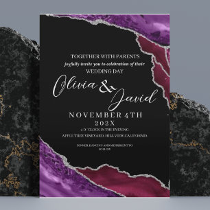Invitation Mariage moderne Black Purple & Burgundy Agate
