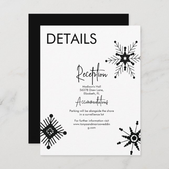 Invitation Mariage moderne Black Snowflake Détails (Devant / Derrière)