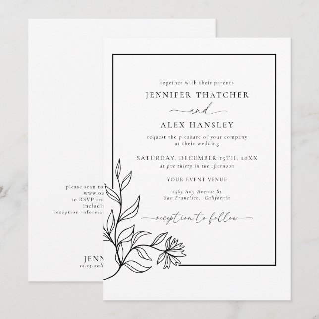 Invitation Mariage moderne Black White Botanical QR Code (Devant / Derrière)