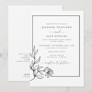 Invitation Mariage moderne Black White Botanical QR Code