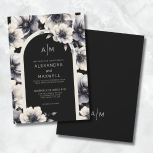 Invitation Mariage Moderne Blanc Fleurs Noires