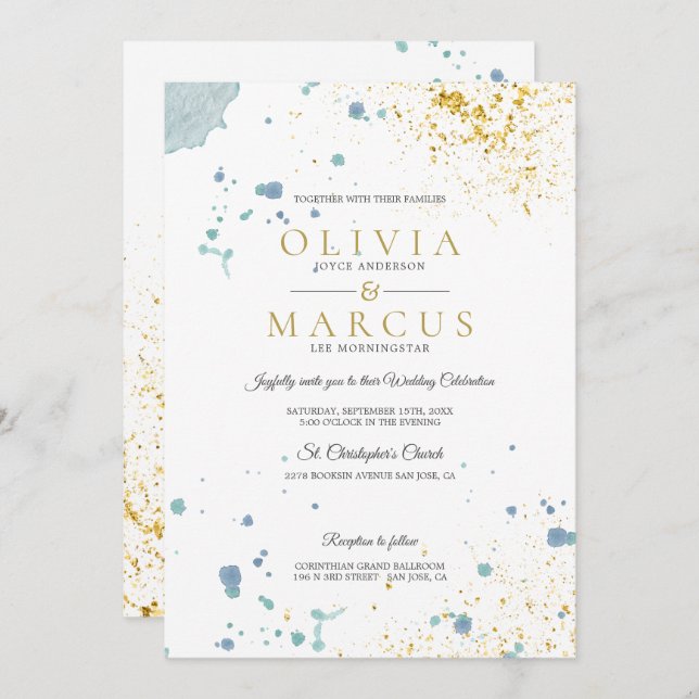 Invitation Mariage Moderne Bleu et or Aquarelle plaquettes (Devant / Derrière)