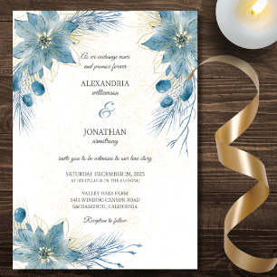 Invitation Mariage moderne bleu et or Poinsettia