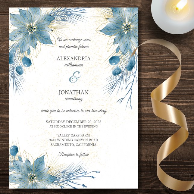 Invitation Mariage moderne bleu et or Poinsettia  (Créateur téléchargé)