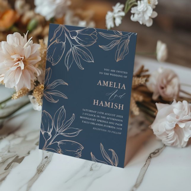 Invitation Mariage Moderne Bleu et Or Rose Foliage (Créateur téléchargé)