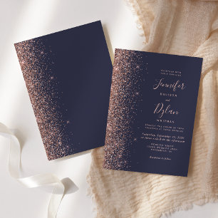 Invitation Mariage Moderne Bleu Foncé Or Rose Paillettes Bord