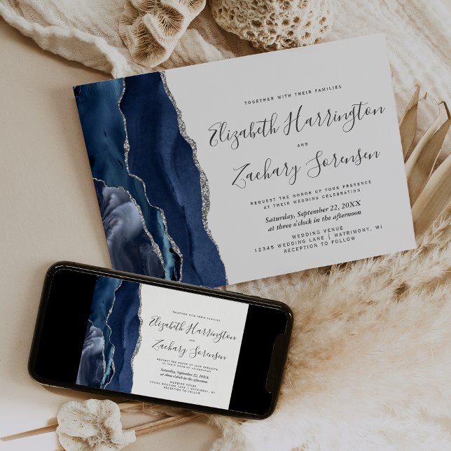 Invitation Mariage Moderne Bleu Nuit Agate Argent (Créateur téléchargé)